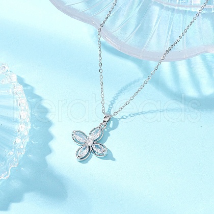 Flower Brass Pave Clear Cubic Zirconia Pendant Necklaces NJEW-JN05287-1