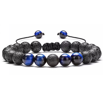 Adjustable Handstring Round Dyed Natural Blue Tiger Eye & Lava Rock Yoga Braided Bead Bracelets for Women Men LN5324-5-1