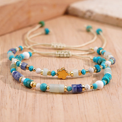 2Pcs Bohemian Style Natural Lapis Lazuli & Turquoise & Amazonite Braided Bead Bracelets for Women NU4472-3-1