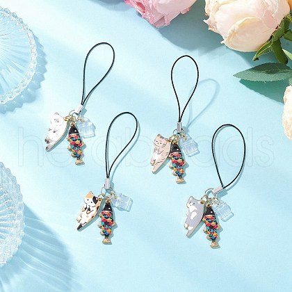 Alloy Enamel Cat & Fish Charm Mobile Straps HJEW-JM03342-1