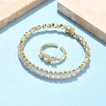 Oval Brass Micro Pave Cubic Zirconia Cuff Bangles & Rings Sets for Women SJEW-R002-06G-08-1