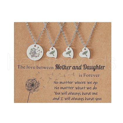 Mother and Daughter 304 Stainless Steel Dandelion Flat Round Heart Pendant Necklaces for Women FS-WGEED69-05-1