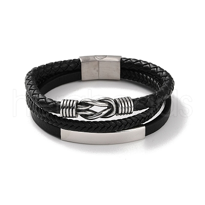 Men's Braided Black PU Leather Cord Multi-Strand Bracelets BJEW-K243-37AS-1