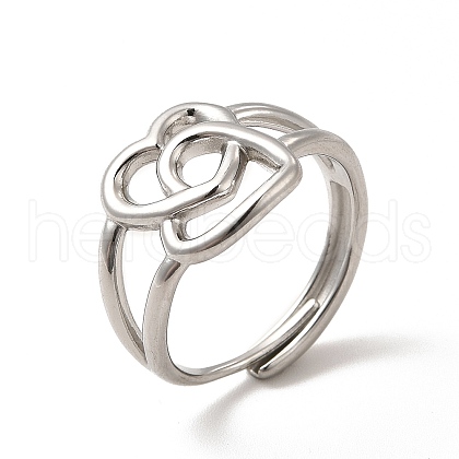 304 Stainless Steel Double Heart Adjustable Ring for Women RJEW-P081-02P-1