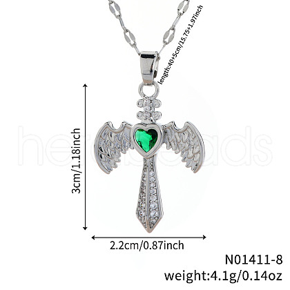 Retro Hip Hop Style Brass Full Rhinestone Heart Wing Sword Pendant Necklaces for Women IJ2885-8-1