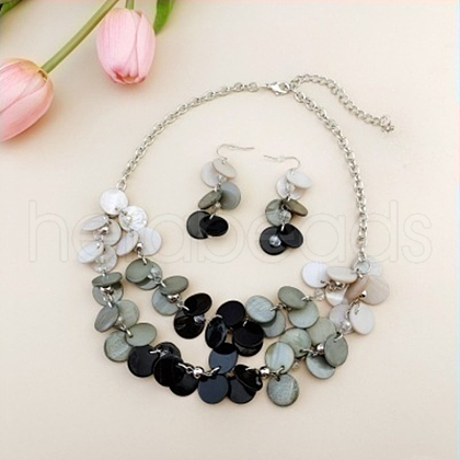 Flat Round Shell Dangle Earrings & Double Layer Necklaces Sets FS-WG04E23-07-1