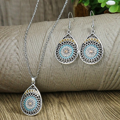 Synthetic Turquoise Pendant Necklaces & Dangle Earrings Sets WGE96E9-03-1
