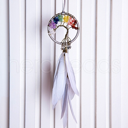 Tree of Life Wrapped Natural Gemstone Chips Woven Web/Net with Feather Decorations PW-WG38597-03-1