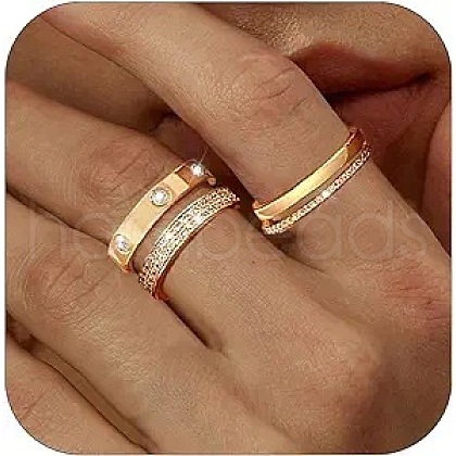 3Pcs 3 Styles Zinc Alloy Micro Pave Clear Cubic Zirconia Finger Rings FS-WG142C0-03-1
