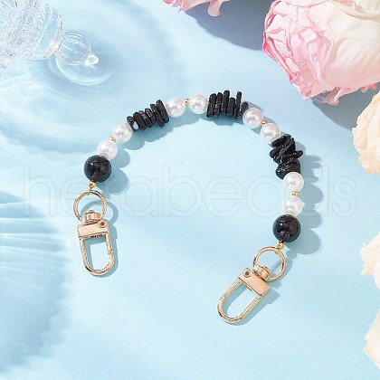 Natural Black Onyx(Dyed & Heated) Chip & Round ABS Plastic Imitation Pearl Bag Extension Chains AJEW-BA00147-01-1