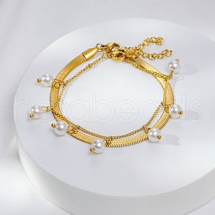 Fashionable Stainless Steel Herringbone & Curb Chains Double Layer Bracelets TF4640-2-1