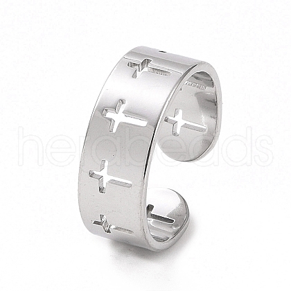 304 Stainless Steel Hollow Out Cross Open Cuff Ring for Women RJEW-C053-02P-1