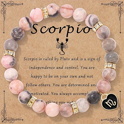 12 Constellations Natural Zebra Jasper Round Beaded with Enamel Heart Charm Bracelets WGB6967-10-1