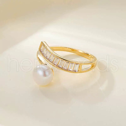 Mother's Day Jewellery Natural Freshwater Pearl with Clear Cubic Zirconia Cuff Rings WGACE42-26-1
