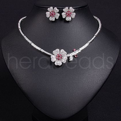 Flower Brass Micro Pave Cubic Zirconia Pendant Necklaces & Stud Earrings Sets WG63143-01-1