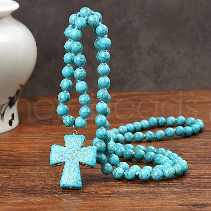 Synthetic Turquoise Pendant Round Beaded Necklaces for Women FS-WGECE81-01-1