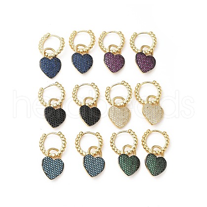 Cubic Zirconia Heart Padlock Dangle Hoop Earrings KK-E060-01G-1