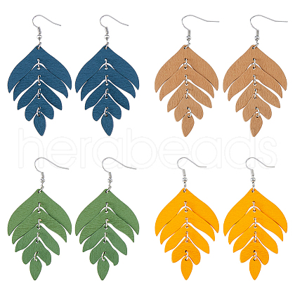 FIBLOOM 4 Pairs 4 Colors Wood Leaf Dangle Earrings EJEW-FI0001-94-1