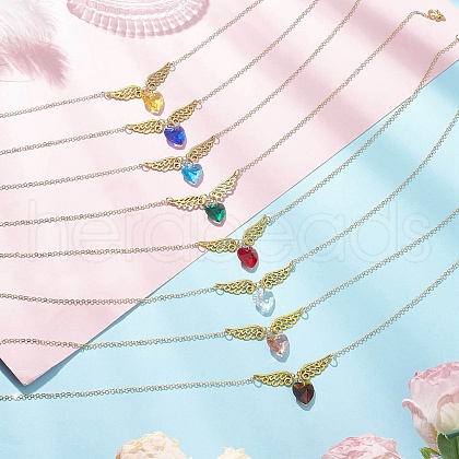 Brass & Glass Angel Wing Heart Pendant Necklaces for Women NJEW-JN05260-1