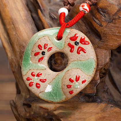 Retro Ethnic Porcelain Pendant Adjustable Polyester Cord Necklaces for Women FS-WGD020A-11-1