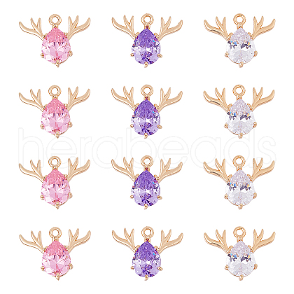 SUPERFINDINGS 12Pcs 3 Colors Brass Glass Rhinestone Pendants GLAA-FH0001-82-1