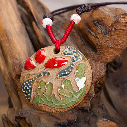 Retro Ethnic Porcelain Pendant Adjustable Polyester Cord Necklaces for Women FS-WGD020A-16-1