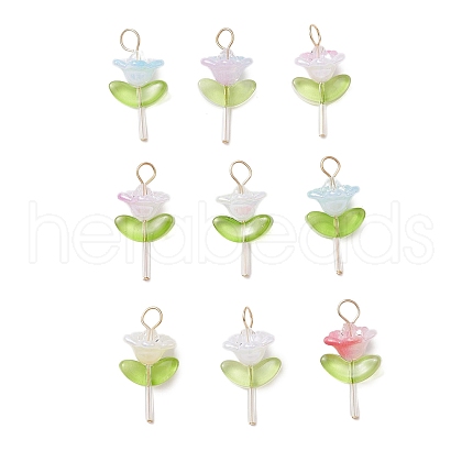 Transparent Colours Rainbow Glass Bugle Beads with Imitation Austrian Crystal Beads and 304 Stainless Steel Flat Head Pins and Iridescent Acrylic Bead Caps Pendants PALLOY-JF03486-1