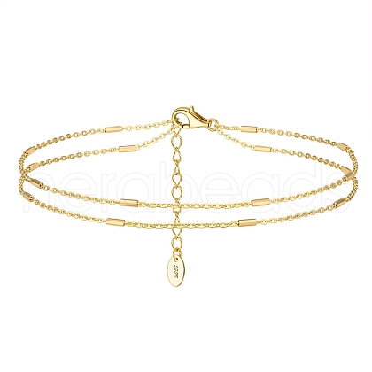 925 Sterling Silver Double Layered Cable Chain Anklet with Beads AJEW-F162-006G-1
