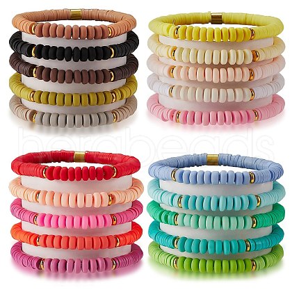 20Pcs 20 Colors Handmade Polymer Clay Heishi Surfer Stretch Bracelets Set with Synthetic Hematite BJEW-SW00043-1