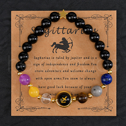 12 Zodiac Sign Natural Black Obsidian Round Beads Stretch Bracelets for Men Women WG228FC-08-1