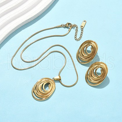 304 Stainless Steel Oval Pendant Necklaces & Stud Earrings Sets for Women SJEW-B020-01G-1