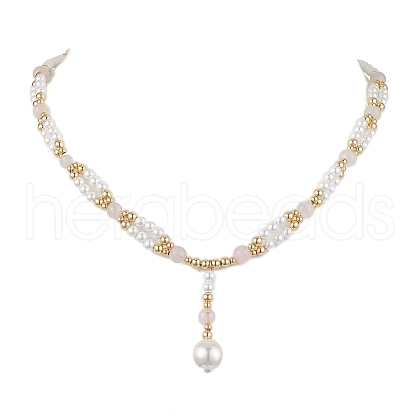 Shell Pearl & Natural Rose Quartz Pendants Necklaces NJEW-JN04903-1