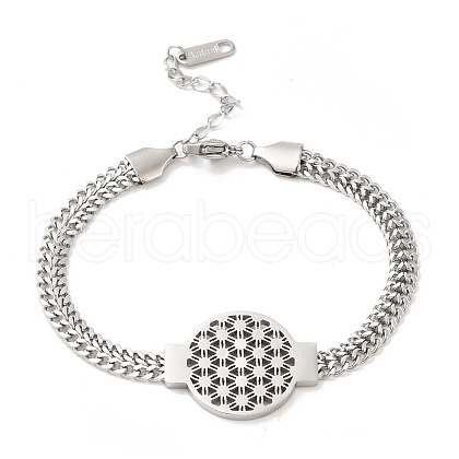 304 Stainless Steel Flower Link Bracelet with Curb Chains BJEW-E091-02P-1