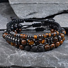 3Pcs Adjustable Natural Tiger Eye & Lava Rock & Synthetic Non-magnetic Hematite Bead Braided Bracelet Sets HN0580-1