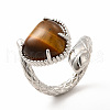 Natural Tiger Eye Heart with Snake Open Cuff Ring RJEW-P082-02P-01-2