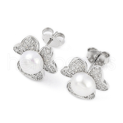 Anti-Tarnish Cubic Zirconia Flower with Natural Pearl Stud Earrings EJEW-F318-07P-1
