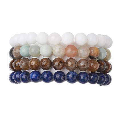 4Pcs Constellation 8mm Round Natural Lapis Lazuli & Malaysia Jade & Flower Amazonite & Yellow Tiger Eye Beaded Stretch Bracelets for Women BJEW-JB10638-1