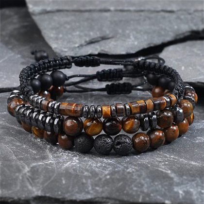 3Pcs Adjustable Natural Tiger Eye & Lava Rock & Synthetic Non-magnetic Hematite Bead Braided Bracelet Sets HN0580-1