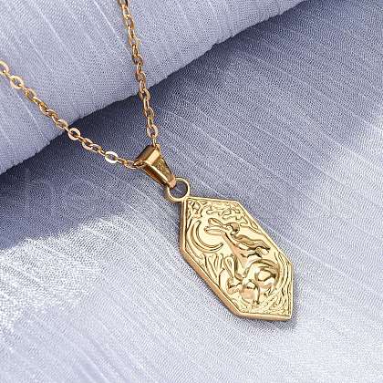 Hexagon with Moon & Rabbit 304 Stainless Steel Pendant Necklaces NJEW-H059-20G-1