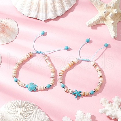 2Pcs Starfish & Turtle Natural Freshwater Shell Beads Braided Bead Bracelets BJEW-JB11919-01-1