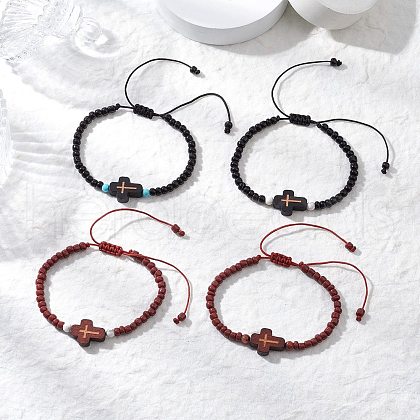 4Pcs Cross Glass Seed Beads with Natural Wood Beads & Red Jasper Beads & Magnesite Beads & Howlite Round Beads Braided Bead Bracelets for Women BJEW-JB11898-1