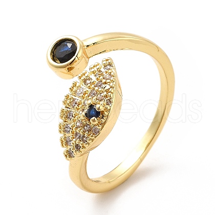 Cubic Zirconia Evil Eye & Glass Flat Round Open Cuff Ring KK-H439-01G-1