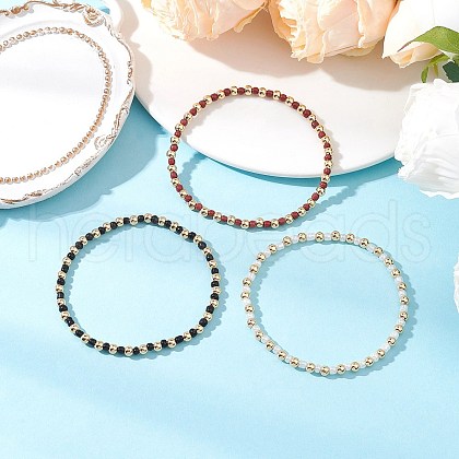 3Pcs Bohemian Style Glass Seed Beaded and Brass Beaded Stretch Bracelets for Women BJEW-JB11799-1