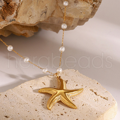 Summer Beach 304 Stainless Steel & Round Shell Pearl Starfish Pendant Necklaces for Women FS-WG08923-01-1