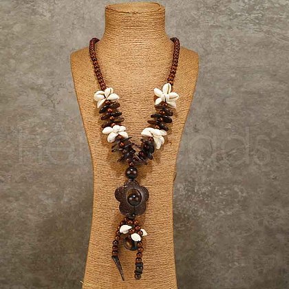 Bohemian Style Natural Coconut & Natural Shell Beaded Flower Pendant Necklaces for Women FS-WGFADBE-02-1