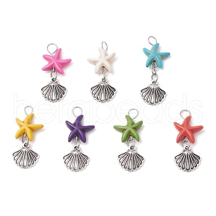 Starfish/Sea Stars Dyed Synthetic Turquoise & Alloy Shell Shape Pendants PALLOY-JF03957-01-1