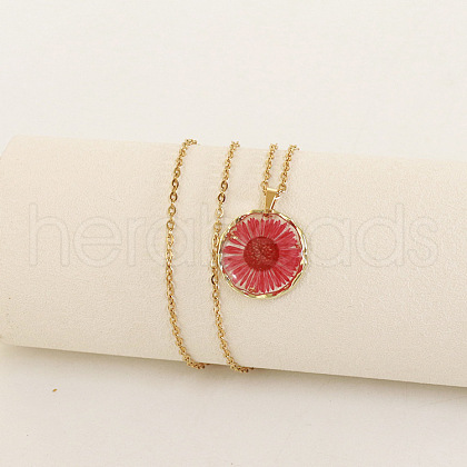 Alloy & Plastic Inner Flower Flat Round Pendant Necklaces FS-WG8915D-09-1