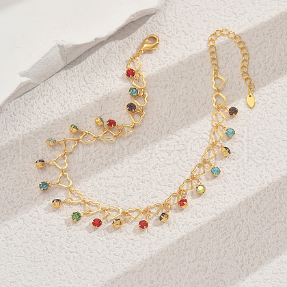 Summer Fashion Brass Heart Link Fringed Colorful Rhinestone Anklets for Women Beach Parties BX8171-1