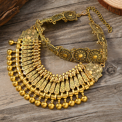 Ethnic Style Zinc Alloy Coin Tassel Statement Bib Necklaces for Women FS-WGFF897-01-1