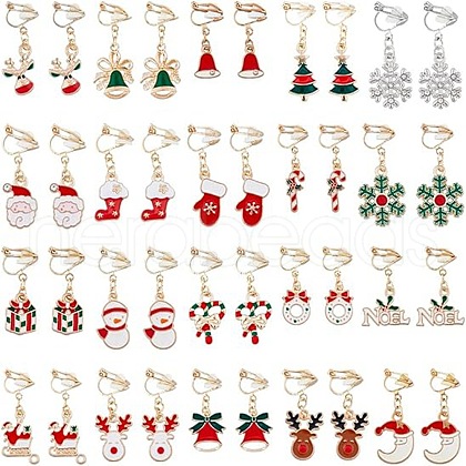 ANATTASOUL 20Pairs 20 Styles Christmas Tree & Bell & Deer & Snowman Enamel Dangle Clip-on Earrings EJEW-AN0003-39-1